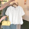Women Elegant Lace-up Neck Short Sleeve Casual Loose Ruffled Blouse