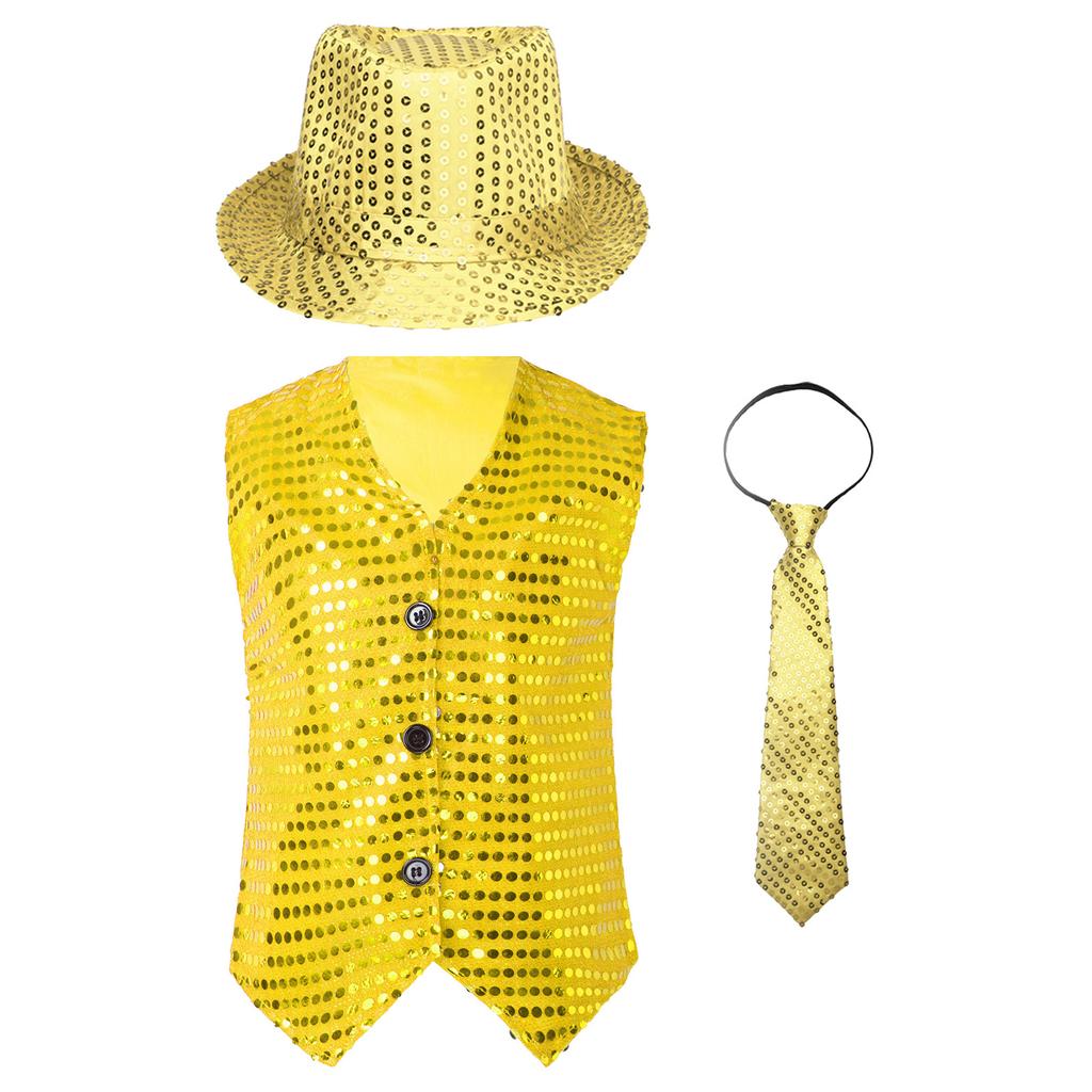 Жилет для джазовых танцев для мальчиков и девочек, без рукавов, с V-образным вырезом, с блестками и пуговицами, подходящая шляпа и галстук для выступлений на сцене