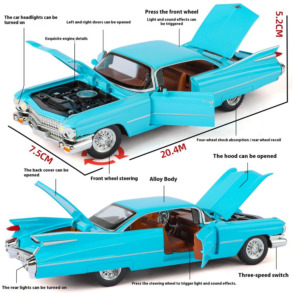AABHU1 Cadillac Eldorado 1959 Metal Die Cast Retro Car Model 1/24 Scale Sound and Light Back Pull Boy Gift Ornament Halloween Toys