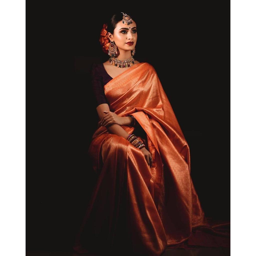 Шелковое сари из магазина АЛМААРИ украшено красивой вышивкой Зари в виде традиционных мотивов.