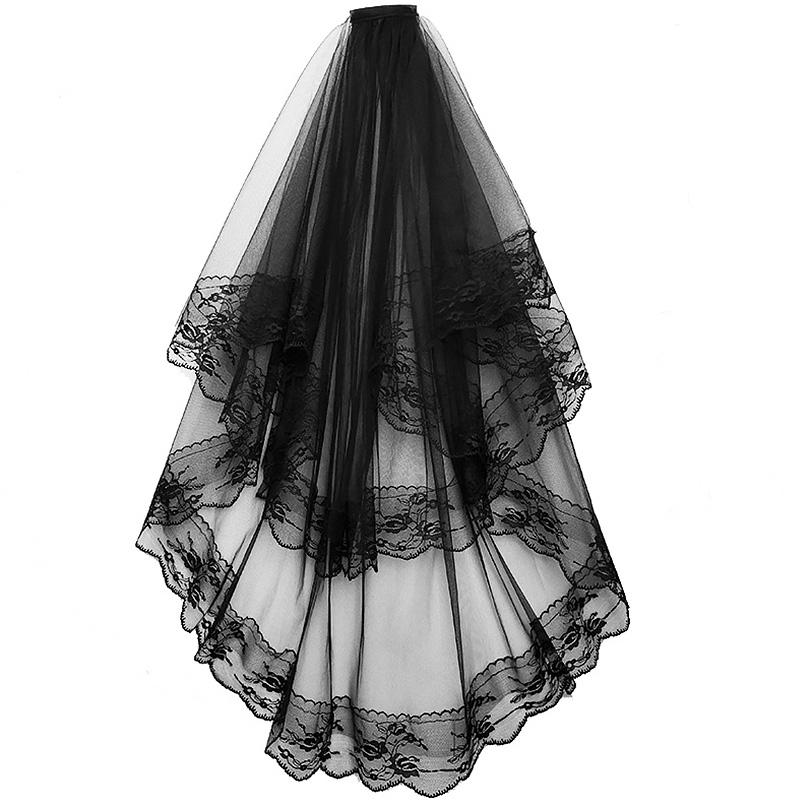 Lace Bridal Veils with Comb Short Two Layer Elegant Vintage Wedding Veils for Bride Cosplay Costume Hair Accessories Black Whit
