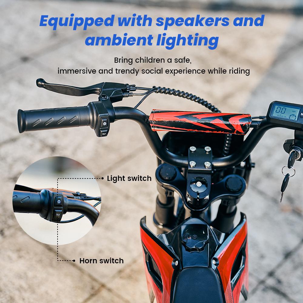 A14 Kids ELECTRIC DIRT BIKE 14 Inch 500W Motor 36V5.2Ah Battery 20-22km Range Shock Absorption, Bluetooth LED Lights