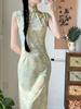 New Chinese-style improved sleeveless cheongsam women's early autumn long slim and thin national style dress green printing daily