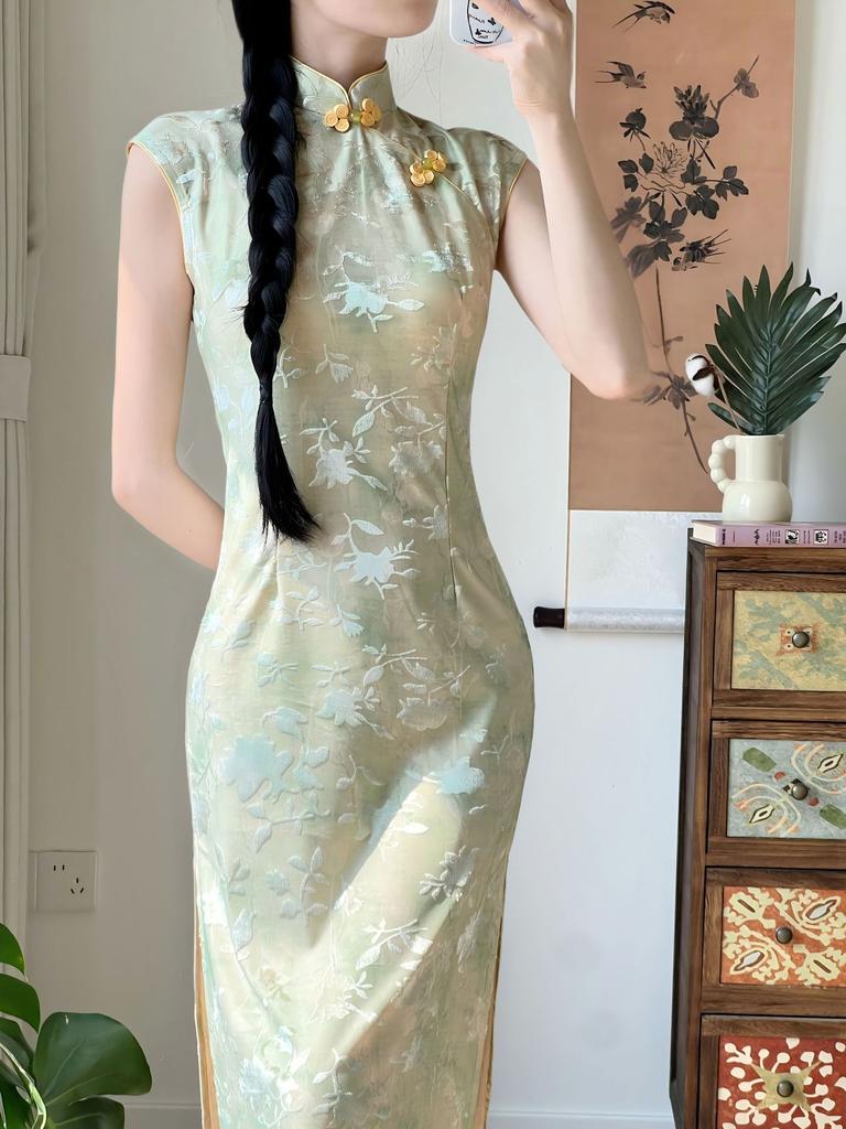 New Chinese-style improved sleeveless cheongsam women's early autumn long slim and thin national style dress green printing daily