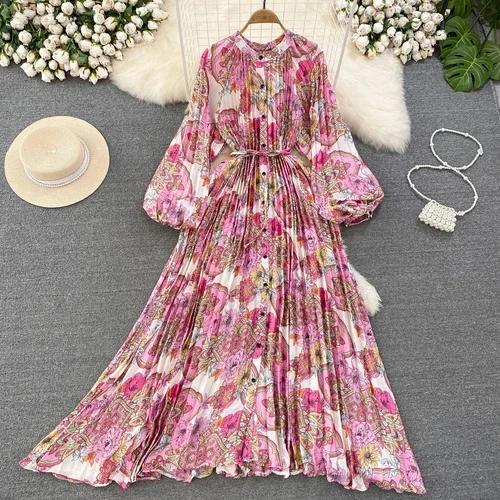 Платья Temperament Lantern Длинные рукава Круглый вырез Тонкий однобортный принтованное платье Элегантные винтажные шикарные женские платья