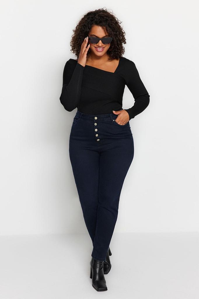 Women's Style Plus Size Black Asymmetric Collar Knitwear Sweater