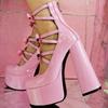 Мода Новые Бабочки Большой Размер 36-47 Женские Сандалии Пряжка Толстый Высокий Каблук 15см Женская Обувь Лакированная Кожа Розовый Черный Высокие Каблуки