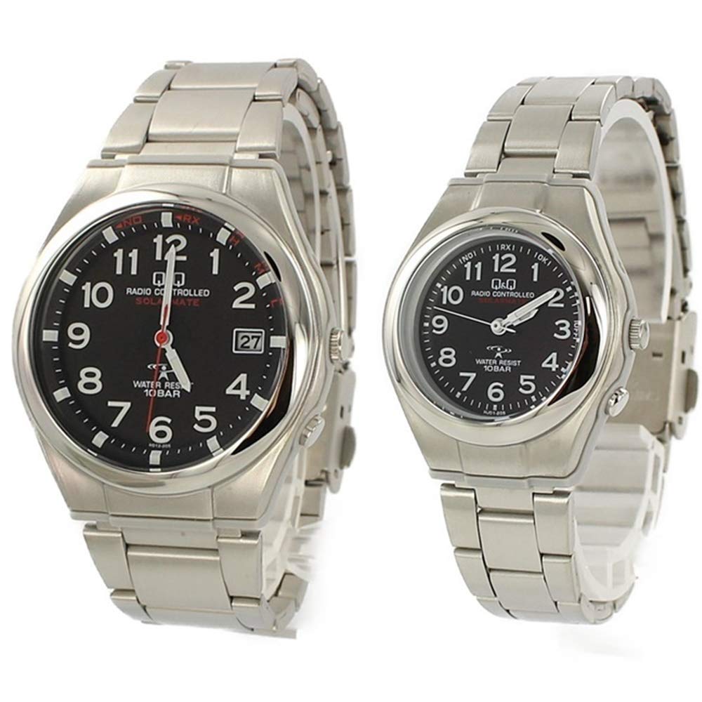 Citizen Парные часы Q&Q HG12-205/HJ01-205 Мужские Женские Солнечные Радиоуправляемые Аналоговые Наручные Часы, Водонепроницаемость 10ATM, Не требуют замены батарейки, Официальная гарантия