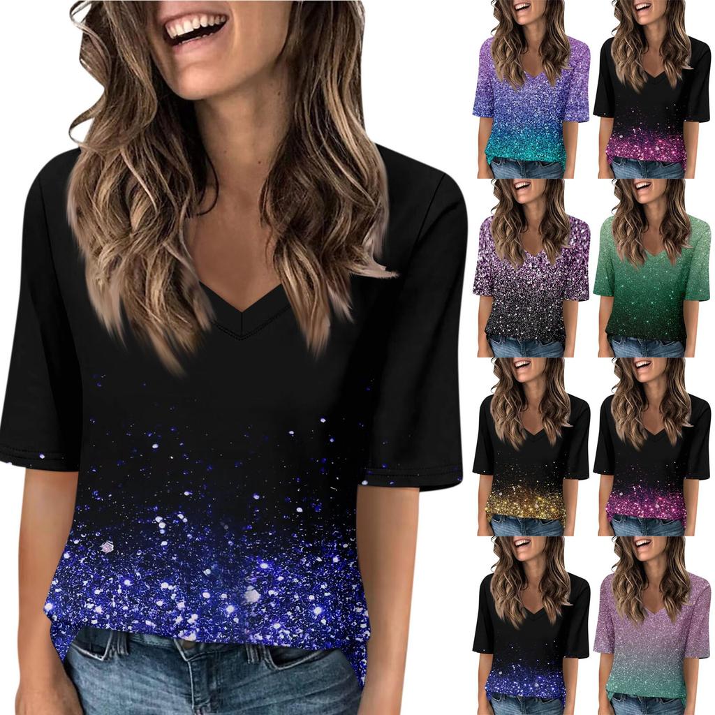 Women's V Neck T Shirts Half Sleeve Tops Printed Casual Summer Tees T Shirt Blouse