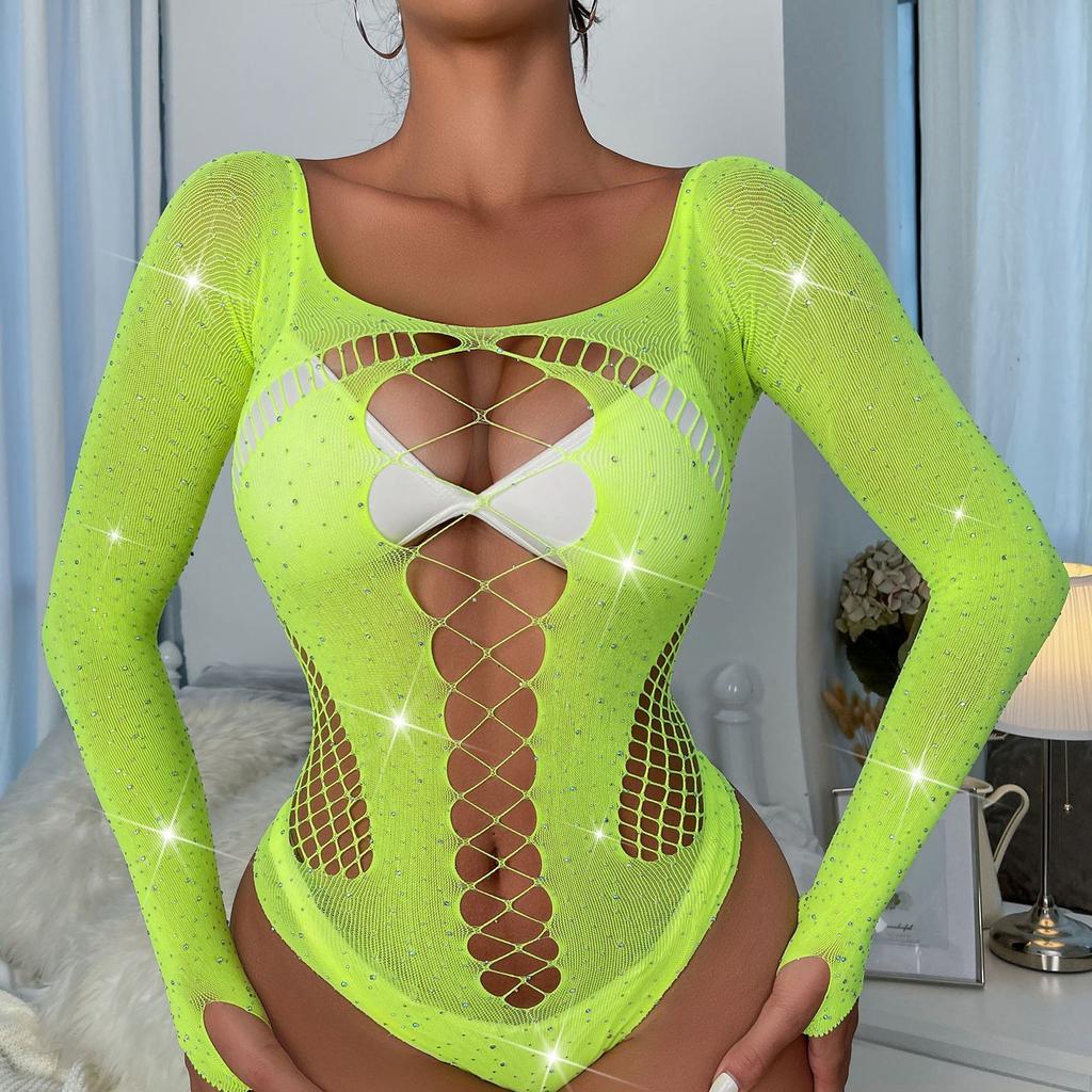 Sexy Lingerie Rhinestone Shiny Long Sleeve Fishnet Clothes Bodystocking Lingerie