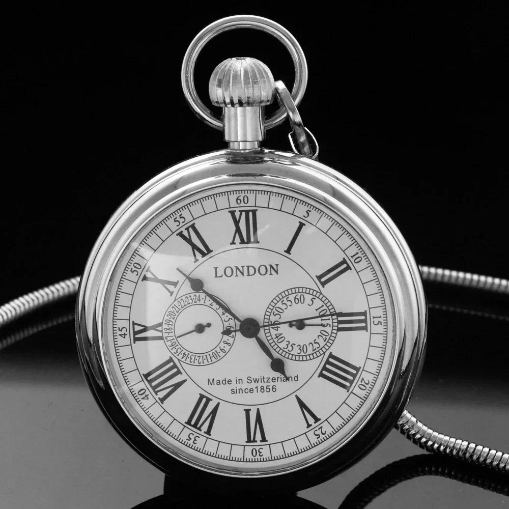 London Double Subdial Hand-Wound Chain Mechanical Pocket Watch Men's Roman Silver Necklace Pendant Clock Gift Vintage Accessory