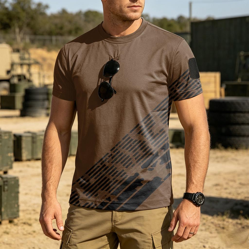 Men Tactical Crew Neck Loose Fit Breathable Outdoor Quick Dry T Shirt with Camouflage Print and Hook Loop Patch Design