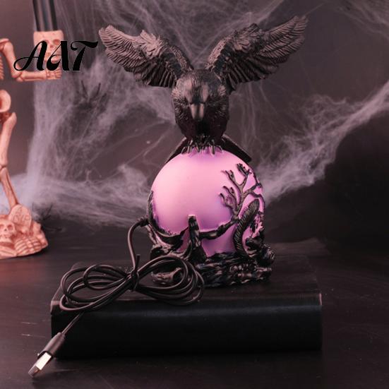 Halloween Home Decoration Gothic Crow Lamp, with Purple Light Ball, Resin Night Light, Matte Black Statue USB Powered Dark Style for