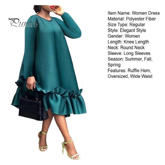 Oversized Dress A-line Ruffle Hem Knee Length Pure Color Midi Dress Long Sleeves O Neck Wide Waist Dress for Dating Formal Banquet Parties