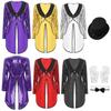 Womens Magician Costume Set Long Sleeve One Button Patchwork Sequin Tailcoat Hat Bow Collar Gloves Halloween Cosplay
