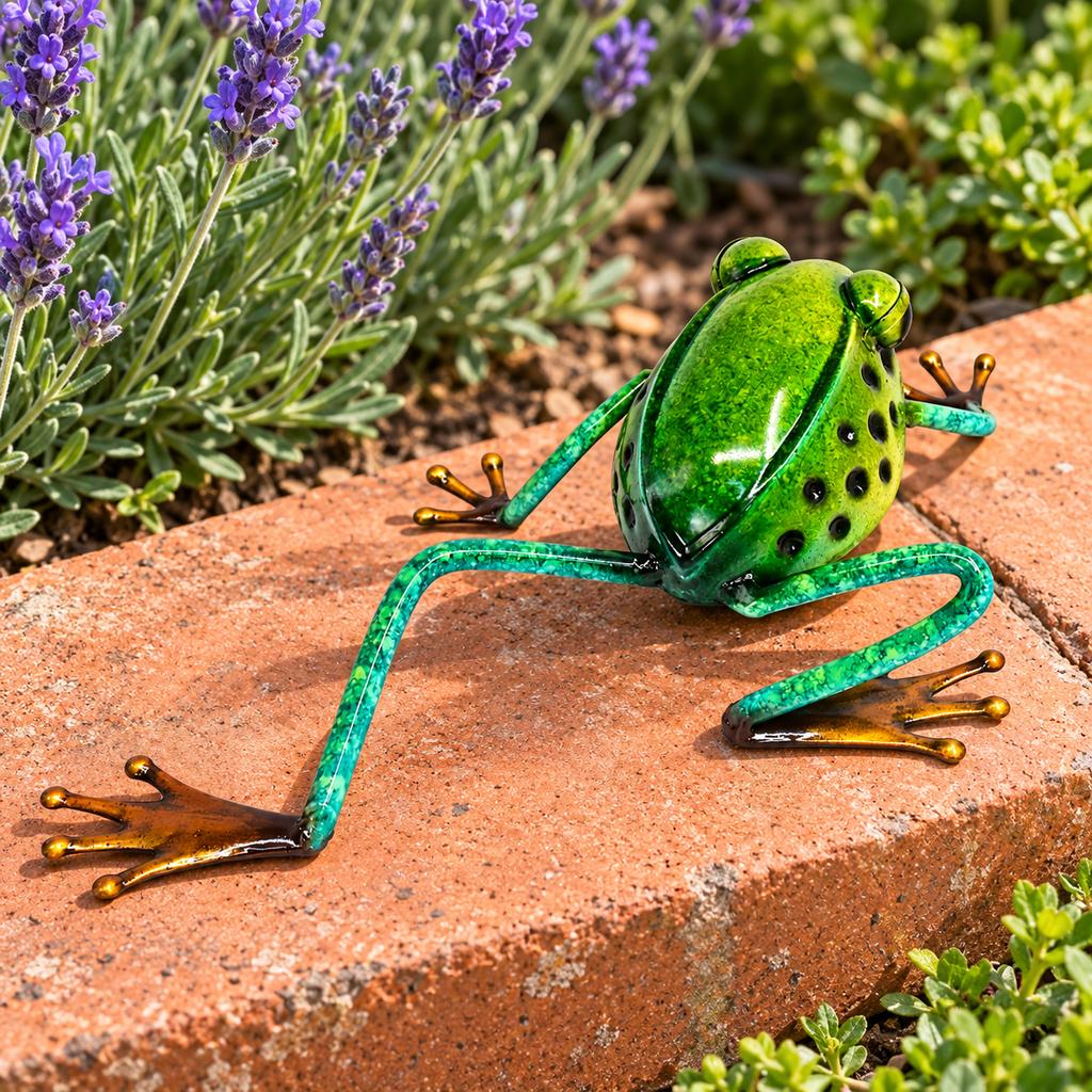 Metal Frog Garden Statue, 10.43-Inch Long Green Iron Figurine with Extended Leg, Decorative Sculpture for Patio, Porch, Yard and Flower Bed