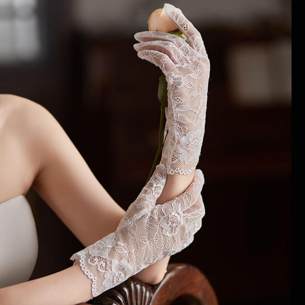Full Finger Short Lace Gloves Floral Costume Accessories Elegant Wedding Gloves  Women
