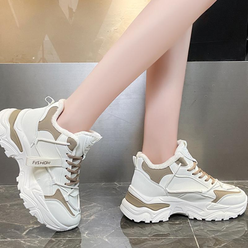 Женская обувь 2024 года, зимняя обувь Plus Velvet Dad, корейская версия, теплые высокие кроссовки со шнуровкой, женская повседневная обувь из белого хлопка