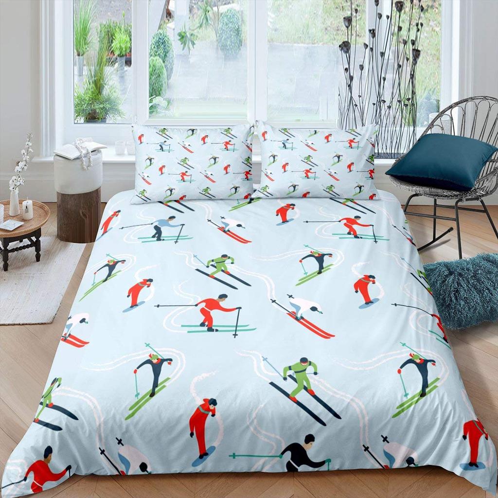 Skiing Sports Duvet Cover Queen Size For Kid Teen Winter Sport Ski Theme Comforter Cover Set Microfiber Snow Mountain Landscape