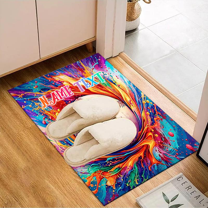 1PC Custom Name Baseball Firework Artwork Theme Floor Mat Ideal for Living Room, Game Rooms, Office, Bedroom,Floor Mat Playful Design