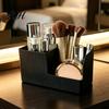 Dressing Table Organizer Desktop Storage Box with Three Compartments, Vertical Stripes Plastic Study Organizer, Space Saving Container for Cosmetics
