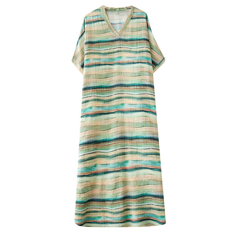 Dimanaf 2025 Женское длинное платье больших размеров Весна-лето Повседневное платье Свободное полосатое базовое хлопковое льняное винтажное макси