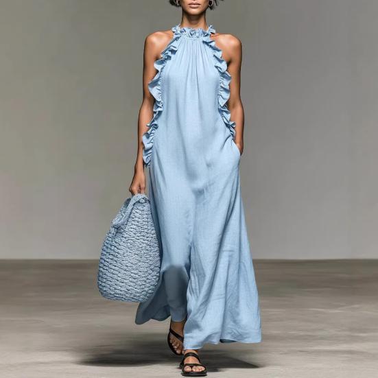 Летнее макси-платье для женщин с оборками, на бретелях, без рукавов, длинное, А-силуэта, повседневное, для пляжного отдыха, струящееся платье-сарафан