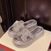 Women's Summer 2025 Silver Rhinestone One-Strap Thick-Soled Height-Increasing Cool Sandals with Medium Heel