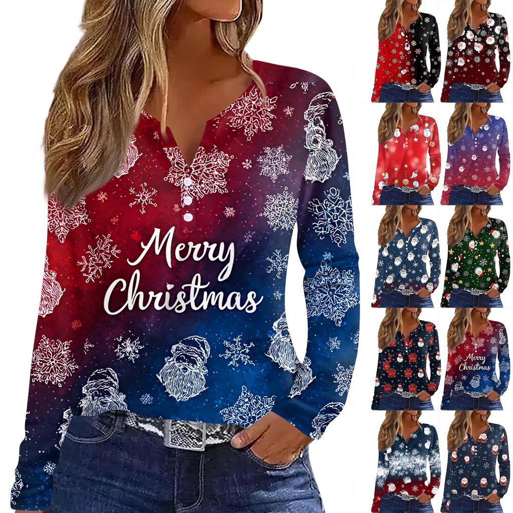 Women's T Shirt Tee Christmas Printed Button Long Sleeve Tunic Daily Weekend Fashion Basic V- Neck Regular Top