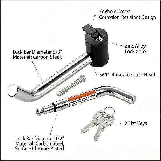 Trailer Lock 360° Rotating Lock Head 5/8" Lock Shank For Truck RV Yacht Carbon Steel Trailer Hitch Lock AUTO Accessories