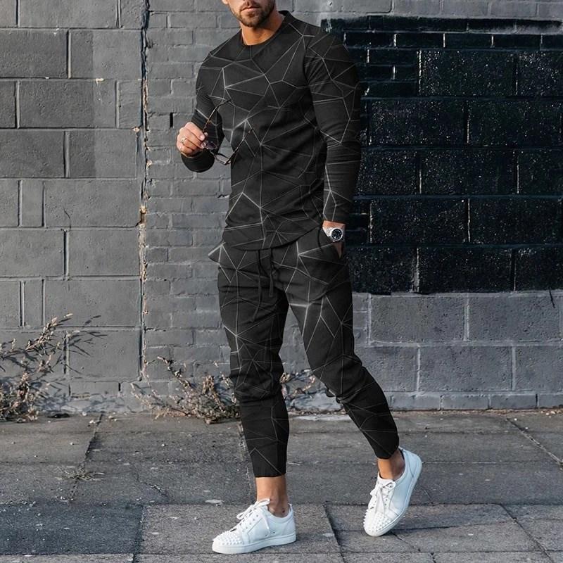 Fashion Splicing Color 3D Printing Men's Sportswear Set Casual Long-sleeved Pants 2-piece Set Oversized Pullover Men's Clothing