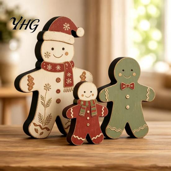 Festive Desktop Wood Decorations 3Pcs/Set Christmas Wooden Ornaments, Rustic Gingerbread Man Tree Tiered Tray Holiday Gift for Friends Decor,