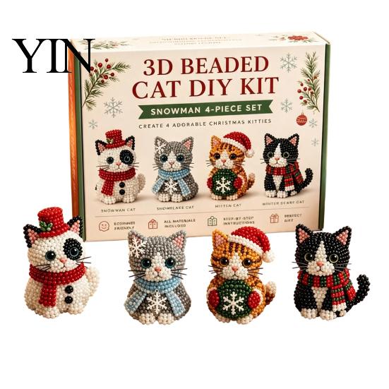 No Glue Beading Set 3D Beaded DIY Kit, Lifelike Christmas Animal Craft Set, Bead Cat Handmade Easy Embroidery Kit for Kids And Adults Festive Holiday
