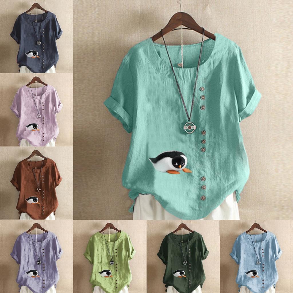 Women's Fashion Penguin Prined Round Neck Short Sleeve T-shirt Casual Cotton Linen Graphic Shirt Leisure Loose Summer Blouse Tops