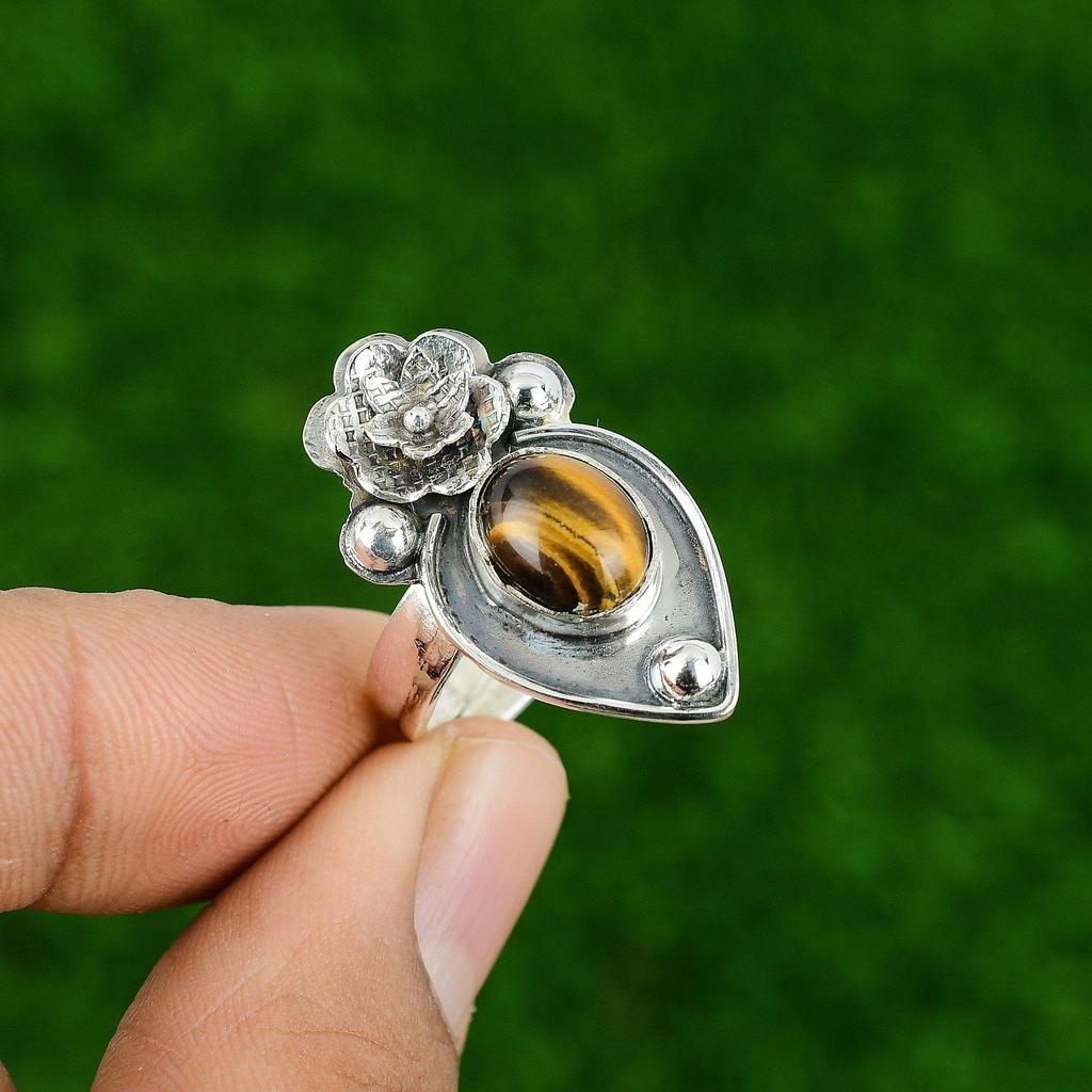 Natural Tiger'S Eye Gemstone Multi Stone Flower Adjustable Ring 925 Silver