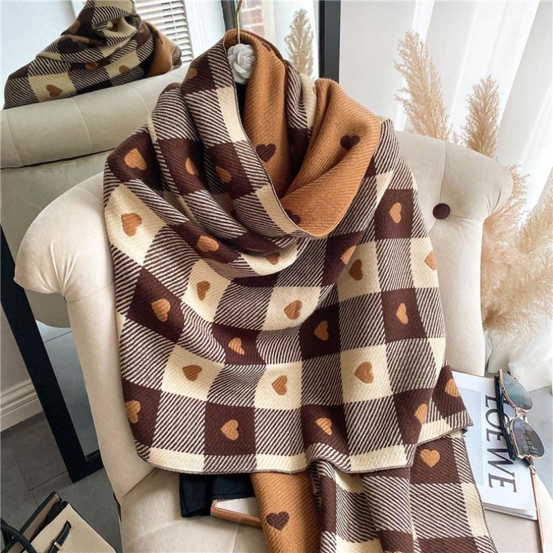 Winter Love Plaid Scarf Women's Versatile Imitation Cashmere Warm Fringed Shawl Thickened Scarf