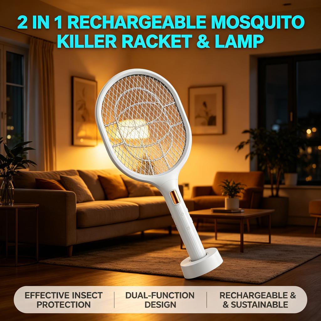 Raqueta eléctrica mata mosquitos recargable 2 en 1 lámpara antimosquitos para el hogar