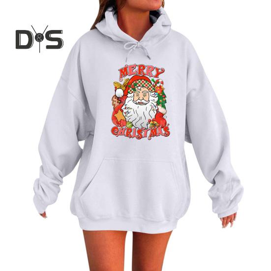 Женская рождественская толстовка с капюшоном с принтом Санта-Клауса, свободная, толстая, с длинными рукавами, эластичными манжетами и подолом, праздничная толстовка с капюшоном на шнурке и карманом