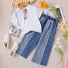 Girls Fashion Suit Summer Children's Casual Solid Color Short-sleeved Top Denim Trousers Two-piece Suit