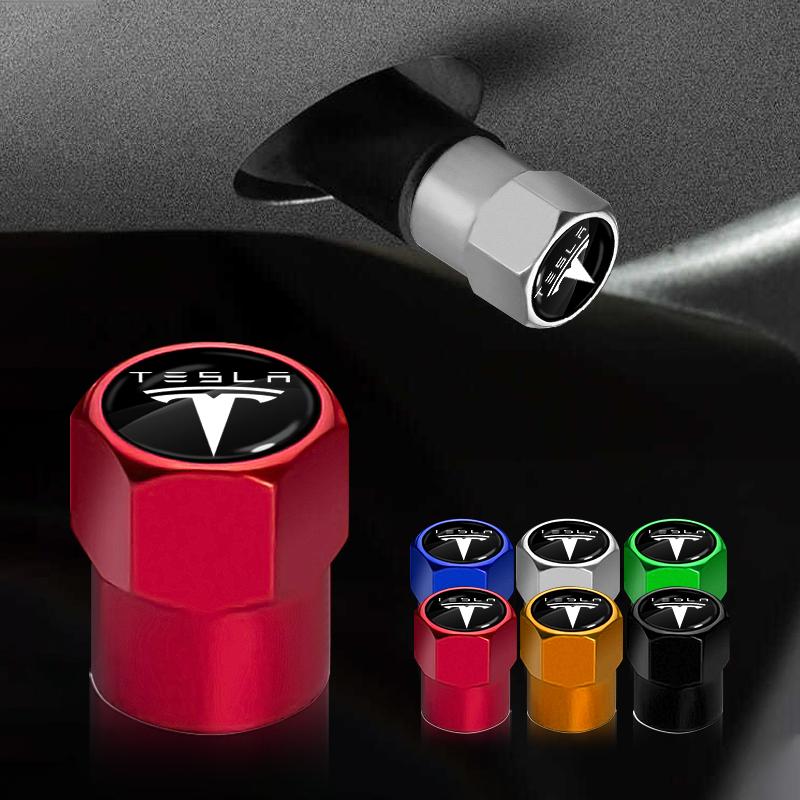 4pcs Car Tire Valve Stems Cap Metal Tire Wheel Stem Air Valve For Tesla Model 3 Mode S X Model Y Emblem Accessories