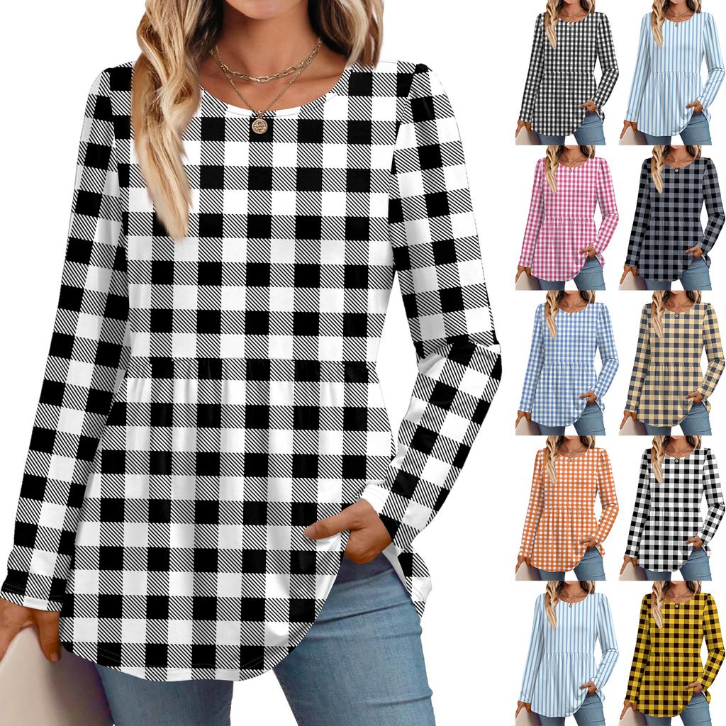 Women's Casual Fashion Long Sleeve Shirt Plaid Printed Tunic Top