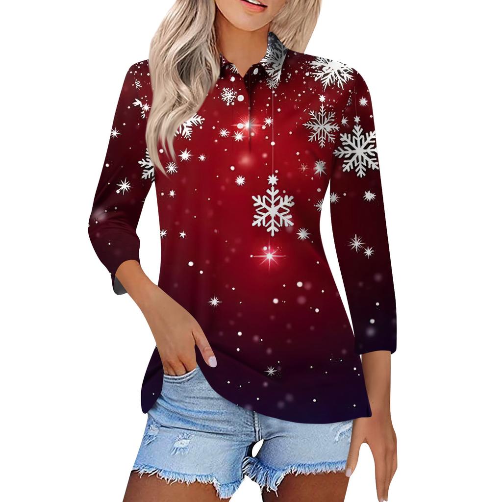 Women's Fashion Casual Lapel Short 3/4 Sleeve Christmas Print Shirt Women's Button Up Tops