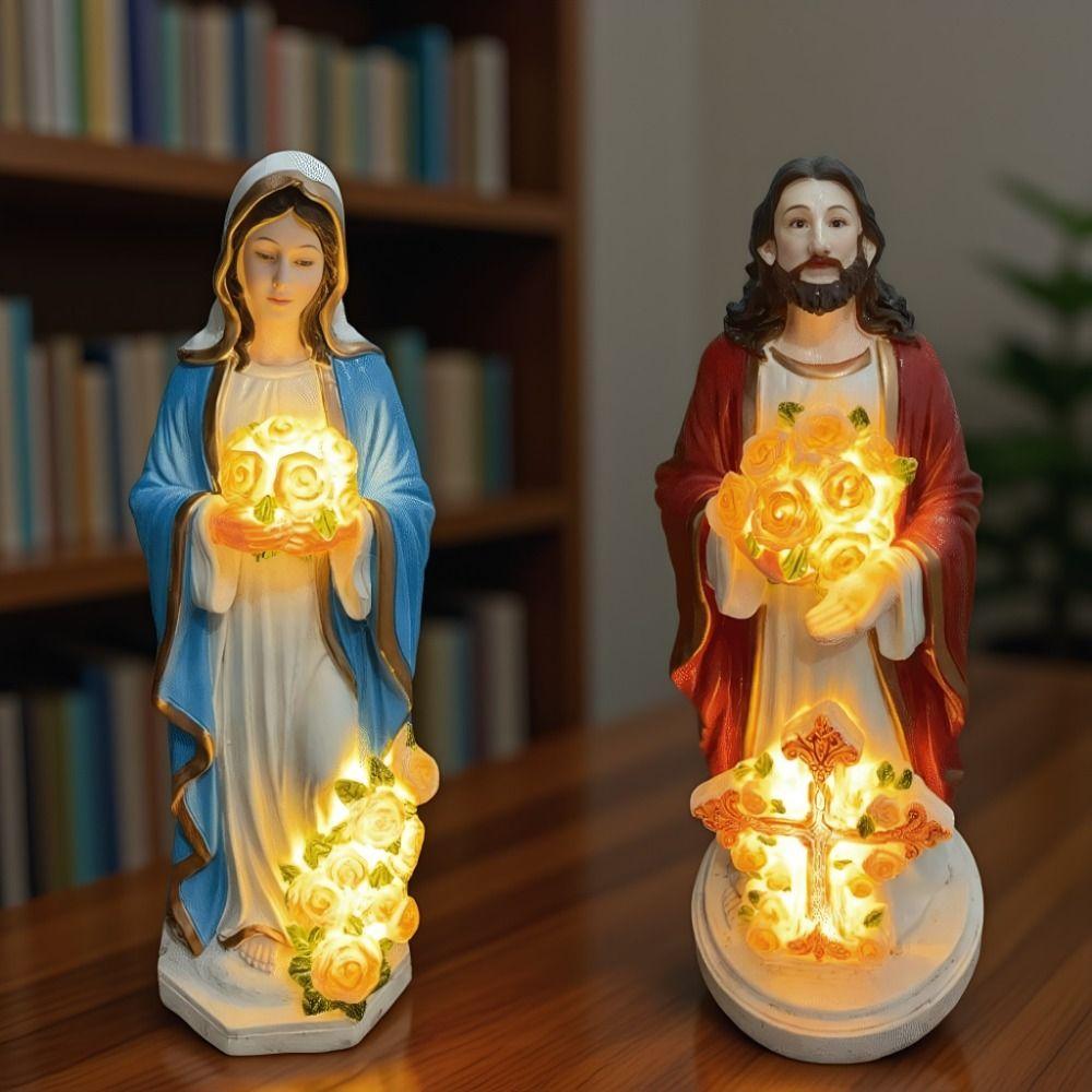 Resin Virgin Mary Statue Glowing Roses Garden Statue Light LED Jesus Christ Figurine Yard Pathway