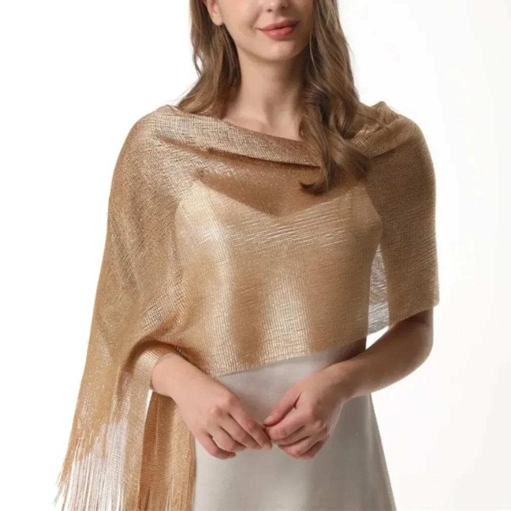 160*50cm Fashion Bright Silk Sunscreen Shawl Hijab Gold Silver Shiny Scarves For Women Lace Tassel Party Evening Dress Scarf