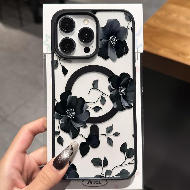 Black floral pattern phone case suitable for iPhone 17 16 15 14 13 12 11 Pro/Max/Plus anti drop and shockproof back cover