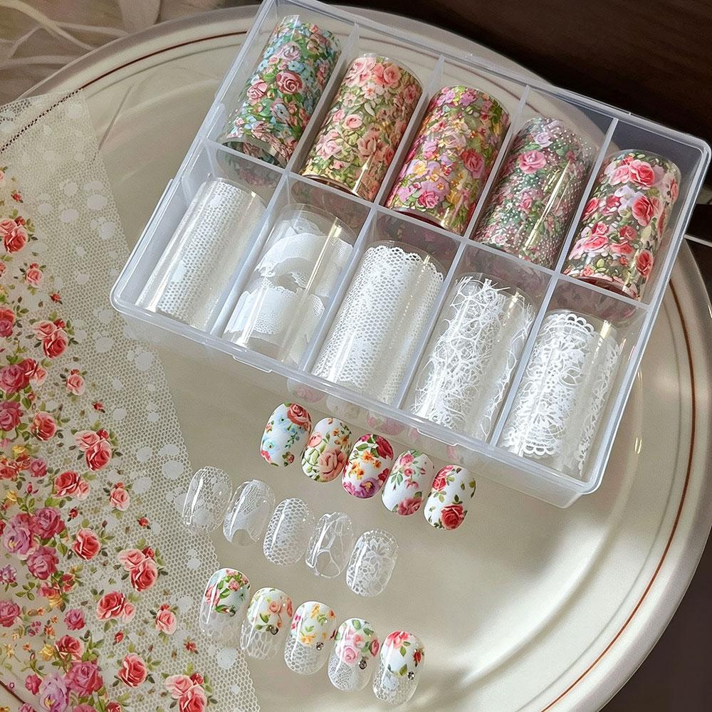 10Rolls White Lace Rose Floral Nail Foil Transfer Stickers 3D Cute Rose Flower Starry Sky Paper Nail Decals Lace Transfer Slider