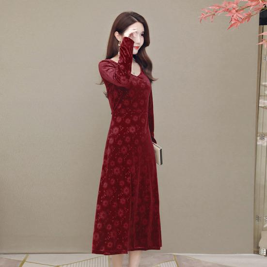 Женское осенне-зимнее платье с v-образным вырезом, плотное трапециевидной формы, облегающее платье длиной до середины икры с длинными рукавами и аппликацией, женское платье-миди