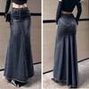 Autumn New Vintage High Waist Fishtail Denim Skirt Women's Split Line Hip Design Hip Long Skirt