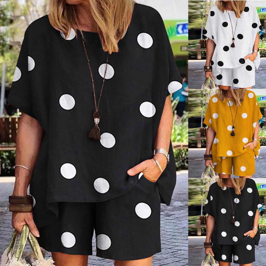 Women's Summer 2-Piece Casual Short Sleeve Round Neck Beach T-Shirt Top And Shorts Set Activewear