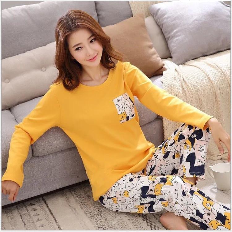 Комплект пижамы для женщин большого размера Весна и Осень Холодное время года Пижама для девочек Мультяшная Повседневные брюки С длинным рукавом Одежда для дома Пижама Женская